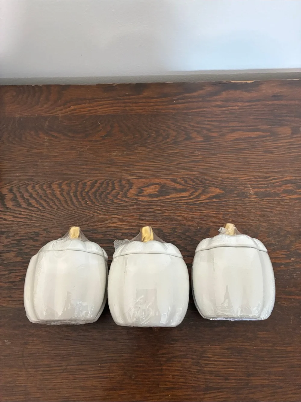 NWT- Set of 3- White Ceramic Pumpkin Jars with Lid & Gold Stems